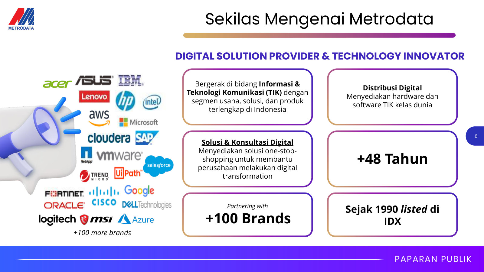 Company at a glance: a 48-year ICT distributor and solutions provider partnering 100+ brands, listed on the IDX since 1990.